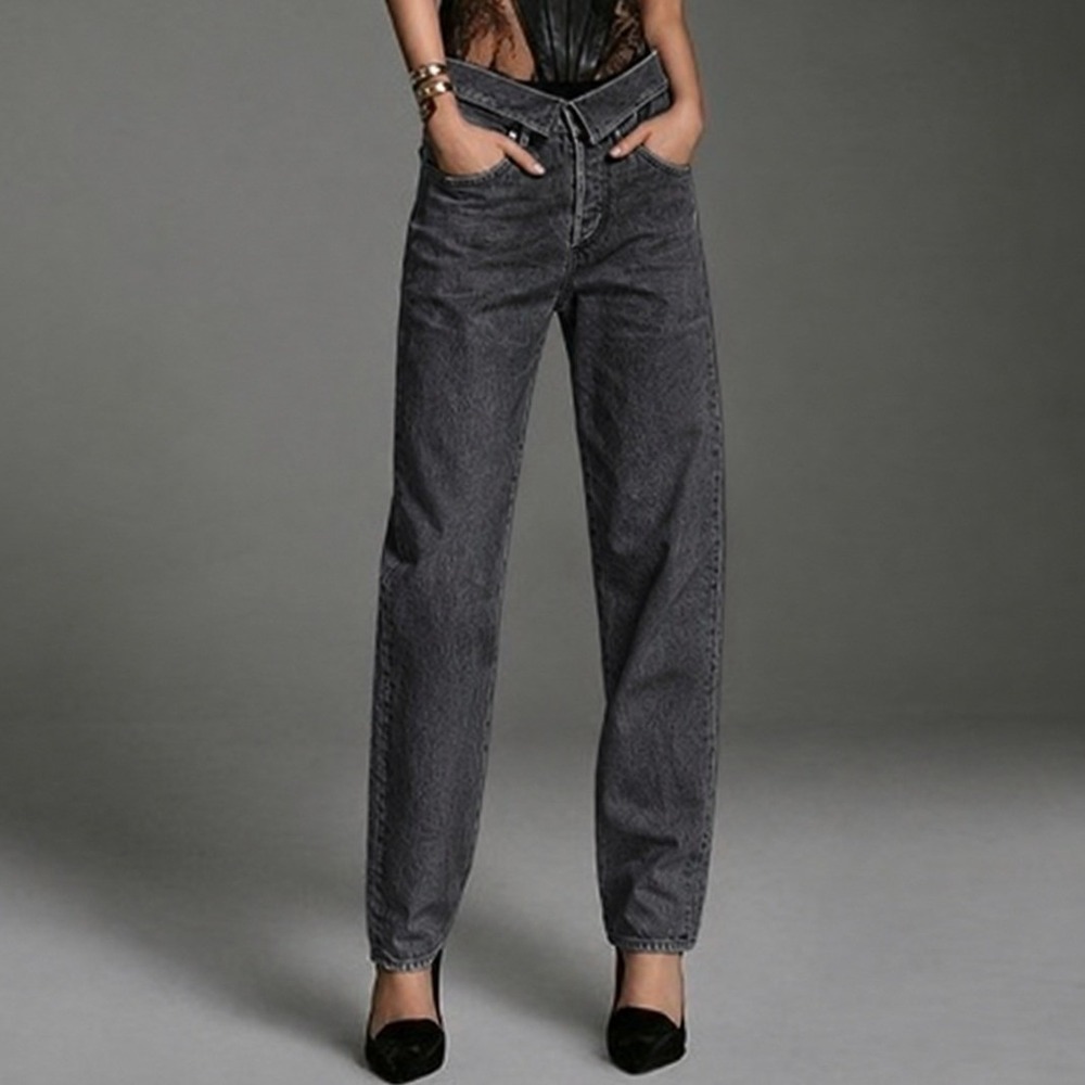 Jean Atelier Black Flip Fold Over High Rise Straight Leg Jeans Size 28